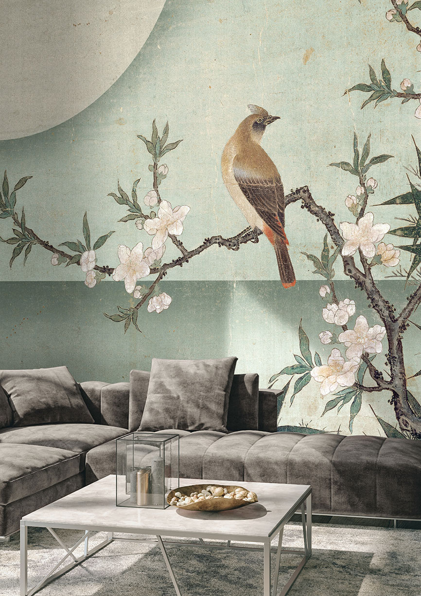 cadoro-carte da parati-2022-wallpaper-wallpepper-BG-01-A Bird on peach blossom - AMB