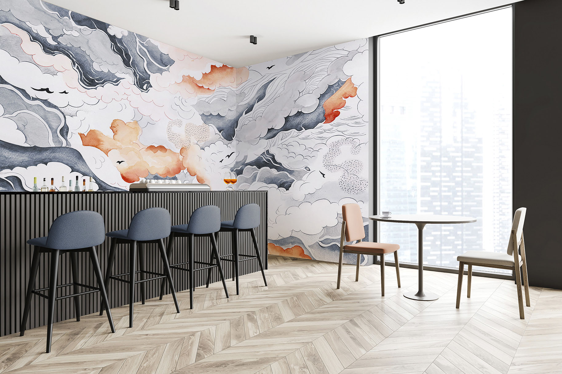 Corner,Of,Minimalistic,Coffee,Shop,With,Wooden,And,Grey,Walls, Carte parati Lavabile Design