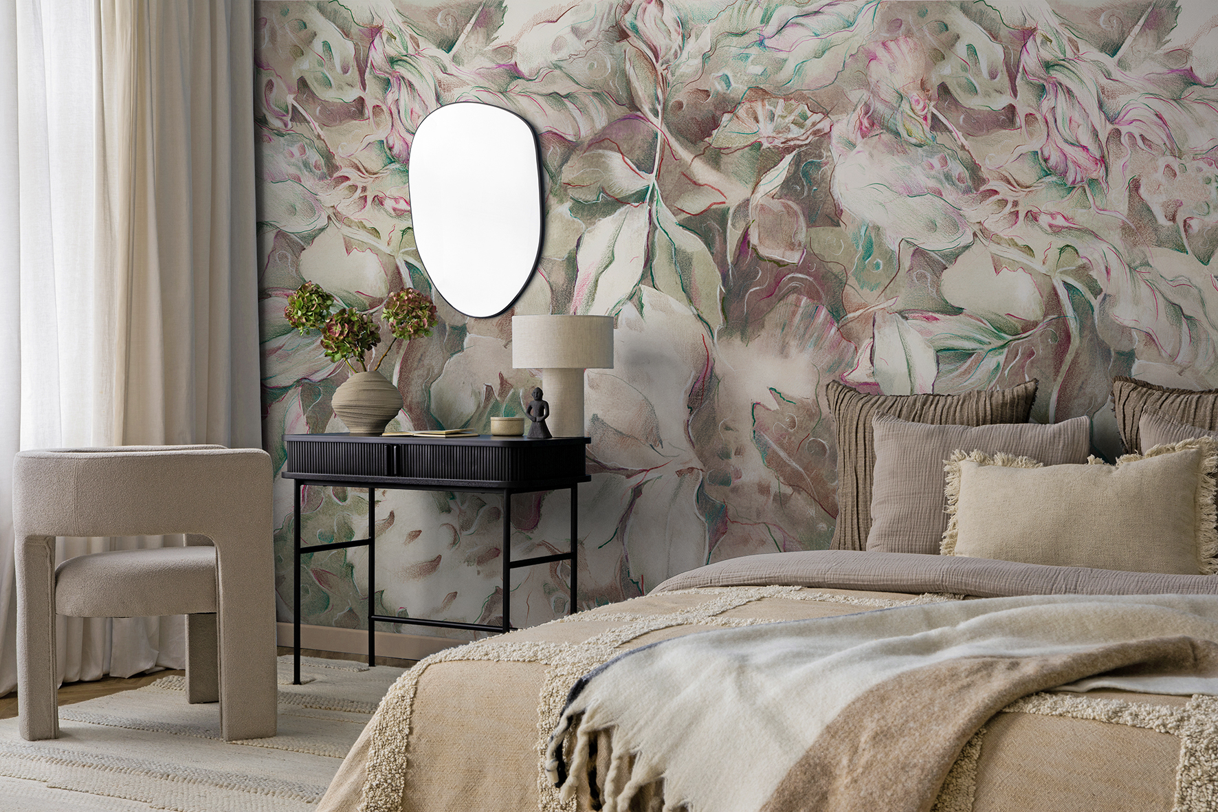 Creative,Composition,Of,Warm,Bedroom,Interior,With,Mock,Up,Poster